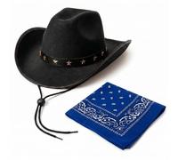 2pc Black Cowboy Hat and Bandana Set - Black Cow Boy Hat with Star Studs and Western Cowboy Neckerchief for Wild West Fancy Dress - Adult Cow Boy Accessories for Country and Western (Blue)