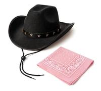 2pc Black Cowboy Hat and Bandana Set - Black Cow Boy Hat with Star Studs and Western Cowboy Neckerchief for Wild West Fancy Dress - Adult Cow Boy Accessories for Country and Western (Pink)