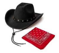 2pc Black Cowboy Hat and Bandana Set - Black Cow Boy Hat with Star Studs and Western Cowboy Neckerchief for Wild West Fancy Dress - Adult Cow Boy Accessories for Country and Western (Red)