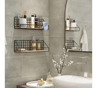 2Pc Black Floating Shelves Wall Mounted Wire Metal Wood Storage Shelf Large Rack