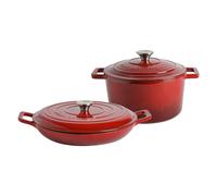 Argon Tableware 2.3L/4.68L Shallow Cast Iron Casserole Dish Set with Self-Basting Lids - Red Ombre - 2pc Induction Hob Cooking Dutch Oven Bread Baking Serving Roasting Stew Stock Pot Cookware Pan
