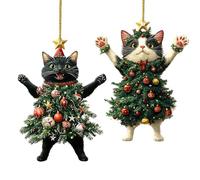2PC Cat Christmas Tree Ornament, Christmas Car Hanging Ornament, Adorable Cat Dressed As A Christmas Tree, Black Of Friday Cat Acrylic Hanging Decoration, Tree Car Christmas Tree Decoration Home Decor