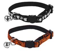 2pc Cat Collar Halloween Season Cloth with Bell for Cats and Dogs | Fashion Cute Style, Bright Spider Webs and Skulls, Comfortable Daily Wear with Large Silver Iron Bell