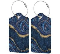 2PC Dark Blue Marble Luggage Tags Leather Suitcase Tag Privacy Name ID Card Quick to Find Out Travel Bag Labels with Stainless Steel Loop for Women Men Chilren Set of 2