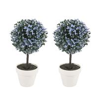 2Pc Decorative Artificial Topiary Box Tree Plant Indoor Outdoor Set (Medium 27CM, Blue)