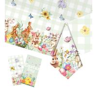2PC Disposable Easter Tablecloth, Easter Table Cloth Rectangle 54 x 108 with Bunny and Eggs, Easter Oblong Tablecloth Buffalo Check Plaid Kitchen Table Cover for Dining Room Tulips Floral Indoor Decor