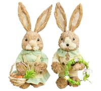 2PC Easter Straw Bunny Ornaments | 35cm Rabbit Straw Figurine | Standing Easters Bunnys Sculpture with Carrot | Hand Woven Straws Easter Bunny Decorations Statue for Spring Home Decor