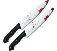 2pc Fake Knife with Blood Halloween Costume Accessories - 2 Pack of 30cm Fake Kitchen Halloween Knives Fancy Dress Accessories for Serial Killer Costume - Horror Slasher Fancy Dress Props