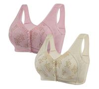 2PC Front Fastening Bras for The Elderly Womens Large Gathering Thin Bra with Breast Support Bras Front Button Wireless Bra Plus Size Non Wired Cotton Vest Bralettes Sexy Everyday Bralettes (52) Pink