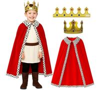 2pc Kids King Costume Accessories Set - Boys King Cape and Crown Medieval Fancy Dress Accessories - Prince Crown and Red Royal Cape for Royal Outfit Kids or Nativity Costume