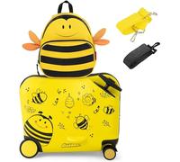 2PC Kids Luggage Set, 4 in 1 Toddler 17L Ride-on & Carry-on Hardshell Suitcase with Wheels, Anti-Lose Rope, 4L Backpack Set, Lightweight Travel Rolling Trolley for Boys Girls (Yellow Bee)