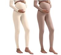 2Pc Maternity Leggings Over Bump Maternity Yoga Pants High Waisted Thermal Pregnancy Pants High Waist Opaque Comfortable Pregnancy Leggings Over The Belly Gestation Stretch Yoga Active Pant Beige