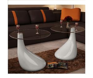 2pc Modern High Gloss Glass Top Drop Coffee Table White Side Dinner Office Home