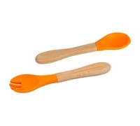 2pc Orange Bamboo Baby Weaning Fork & Spoon Set - Small Toddler Kids Childrens First Self Feeding Food Cutlery Utensils - by Tiny Dining