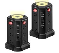 2PC Power Strip Tower PASSUS Surge Protector with Night Light,Widely Spaced Multi Outlets,12 AC Outlets with 4 USB Ports Charging Station Extension Cord 10 ft,Safeguard for Home Office DormRoom Black