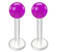 2pc Purple Labret Bar 14g 1.6mm Studs Flexible Bioplast Clear Plastic Bioflex Monroe Piercing Jewellery 10mm