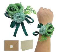 2pc Rose Flower Wrist Corsage Boutonniere Set,Corsage for Prom,Wrist Corsage,Silk Flower for Bride Hand Flower Men Boutonniere,Cake Flower Cake toppers Wedding Party Album Decor(Blackish Green)