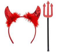 2pc Sequin Red Devil Horns Headband and Pitchfork for Red Devil Costume Women Halloween Accessories - Pitchfork and Costume Horns Halloween Headbands for Women Fancy Dress