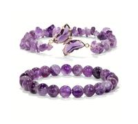 2pc Set Romantic Amethyst Obsidian Quartz Beaded Butterfly Bracelet Women Stretch Bangles Positive Energy Daily Commute(Purple)