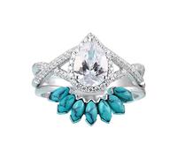 2PC Set Women Shining White Crystal Zirconia Water Drop Shape Ring Turquoise Ring Promise Rings Engagement Wedding Band Ring Sets Vitality Rings (Silver, 10)