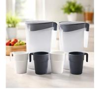 2pc Set x 2L Plastic Water Pitcher Set with 2 Fridge Door Jugs & 4 Cups | BPA-Free Juice & Milk Jug with Lid | Reusable Water Carafe for Fridge, Juice, Cold Drinks, Kitchen, Office & Camping (Grey)