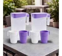 2pc Set x 2L Plastic Water Pitcher Set with 2 Fridge Door Jugs & 4 Cups | BPA-Free Juice & Milk Jug with Lid | Reusable Water Carafe for Fridge, Juice, Cold Drinks, Kitchen, Office & Camping (Purple)