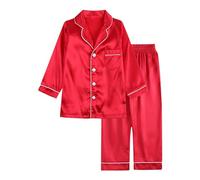 2pc Silk Stain Pajamas For Boys Kids Buttons Long Sleeve Soft Sleepwear With Pocket And Solid Long Nightwear Pants girls outfits 5-6 years winter boys cars pyjamas(Red, 18-24 Months)