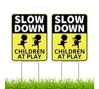 2PC Slow Down Children at Play Safety Signs for Street with Stakes, 13"x17" - Double Sided Signs - Corrugated Plastic - Caution Kids Playing Traffic Crossing Sign