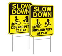 2PC Slow Down Signs with Stake, Kids Children at Play safety sign for Street, 16"x12" Double Sided Corrugated Plastic Caution Kids Playing Traffic Crossing Sign, UV Protected, Easy to Install
