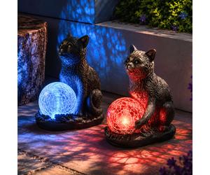 2pc Solar Cat Statues Garden Yard Ornaments LED Multicolour Lights Patio Decor