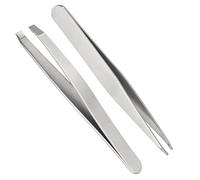 2pc Stainless Steel Tweezers Set - Slanted & Pointed Precision Tips for Eyebrows, Facial Hair, Splinters & General Grooming