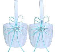 2PC Wedding Flower Girl Basket, White Satin Flower Storage Basket with Heart Buckle Satin Ribbons Hanging Basket for Wedding (Blue)