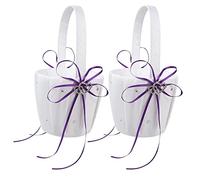 2PC Wedding Flower Girl Basket, White Satin Flower Storage Basket with Heart Buckle Satin Ribbons Hanging Basket for Wedding (Purple)