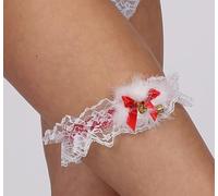 2PC White Lace Christmas Garter with Fluffy Trim, Red Bow