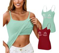 2PC Womens Tank Tops with Built in Bra UK Spaghetti Straps Workout Gym Tops Camisoles Vests with Shelf Bra Adjustable Strap Yoga Shirt Cotton Sleeveless Basic Undershirt Cami(2PC-21-Green,XL)