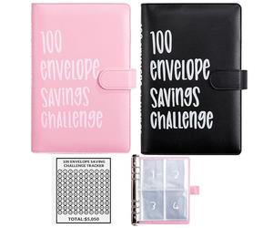 2PCS 100 Envelopes Money Saving Challenge, Envelopes Challenge Binder, Achieving Financial Goals with a Budget Binder and Cash Envelopes, Successfully Reach Your Savings Goals of $5,050 (Pink+Black)