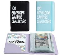 2Pcs 100 Envelopes Money Saving Challenge, Motivational Savings Challenge Binder, Durable Cash Organizer with Inspiring Quotes, Savings Challenges Book to Plan and Save $5,050(Black+blue)