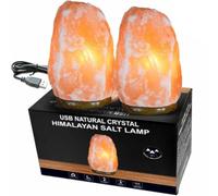 2PCS 100% Natural Pure Himalayan USB LED Salt Lamp Healing Ionizing Pink Crystal Rock Hand Crafted Air Purifier Night Light & Gifts Wooden Base Home Decoration Table Lamp