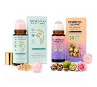 2Pcs 100% Organic Castor Oil Rose Quartz Roller Ball - Organic Cold-Pressed Roll-On for Face & Body, Helps Firm Skin, Reduce Fine Lines & Nourish, Soothing Moisturising Oil with Rose Quartz