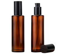 2PCS 100ml/3.3oz Empty Refillable Amber Glass Lotion Pump Press Bottles Soap Dispensers Containers Jars with Black Cap for Foundation Cream Makeup Removel Oil Shampoo