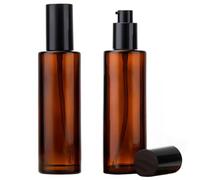 2PCS 100ml/3.3oz Empty Refillable Amber Glass Lotion Pump Press Bottles Soap Dispensers Containers Jars with Black Cap for Foundation Cream Makeup Removel Oil Shampoo