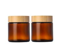 2PCS 100ml/3.4oz Amber Glass Cream Jars with Wood Lid and Inner Liners Cosmetic Container Refillable Lotion Jar Pot for Makeup Face Mask Lip Balm
