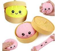 2PCS 10CM Dumpling Stress Toy Giant Dumpling Squishy Toy with Steamer Box Soft Squeeze Decompression Dough Fidget Toys for Relaxation Boys Girls Home Office Classroom Colour Pink&Green