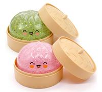 2PCS 10CM Glitter Dumpling Stress Toy Giant Dumpling Squishy Toy with Steamer Box Soft Squeeze Decompression Dough Fidget Toys for Relaxation Boys Girls Home Office Classroom Pink&Green