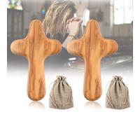 2pcs 10cm Wooden Cross, Mini Olive Wood Holding Comfort Cross Handcrafted Religious Keepsake Men Women with Portable Woven Linen Sack Christian Faith Symbol Handheld Design Comfortably Fit Kids Adult