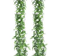 2Pcs 12FT Artificial Eucalyptus Garland - Artificial Garland Fake Foliage with White Flowers Fake Leaves Green Garlands Hanging Plants Wedding Garlands for Home Decor Indoor Outdoors Wall Decor