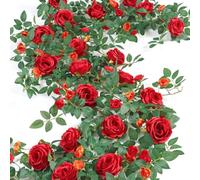 2PCS 12FT Artificial Flower Garland Red Fake Rose Vine Hanging Flowers Ivy | Bendable Silk Roses Floral Garland, Plastic Leaves, Faux Greenery Decor for Wedding Arch Table Wall Backdrop Party Decoration