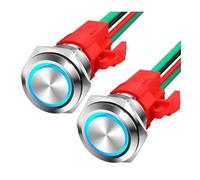 2PCS 12V Latching Push Button Switch 20A Heavy Duty DC 12 Volt Waterproof Round Switch 16MM Metal Blue LED On Off Switch For Car(Silver housing)