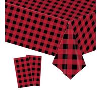 2pcs 137*274cm Red Black Checkered Table Cloth Party,Square Plastic Table Cloth Wipe Clean,Gingham Pvc TableCloths Rectangular Waterproof Plaid Table Cover for Birthday Christmas Party TableCloth