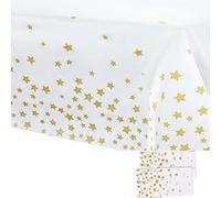 2Pcs 137*274cm White and Gold Disposable TableCloths Party Paper Plastic TableCloth,Gold Star Rectangular Waterproof Table Cover for Picnic,Baby Shower,Wedding,Christmas,Birthday Party Decorations